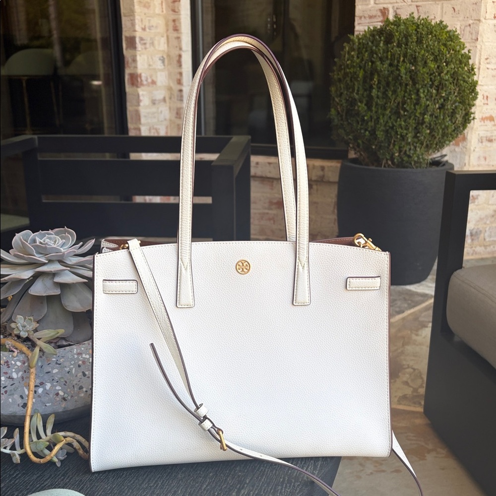Tory Burch White Pebbled Leather Tote with Gold Logo